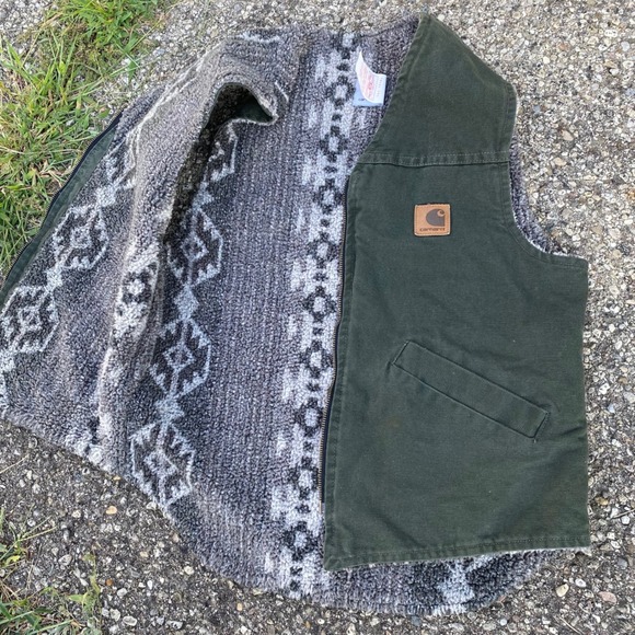 VTG Carhartt Aztec Vest SM Medium Men Green Blanket Lined Sherpa Canvas Workwear - Picture 1 of 16